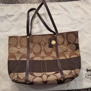 Coach Khaki Signature with Brown Stripe Canvas Tote